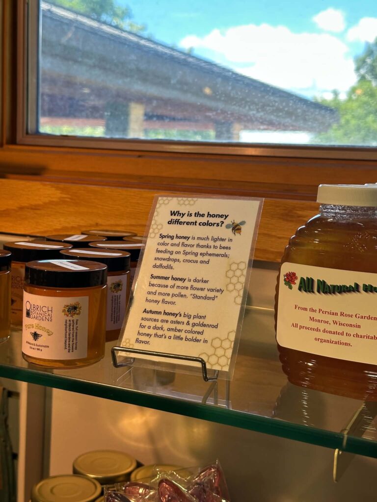 Local honey display inside Olbrich Botanical Gardens gift shop